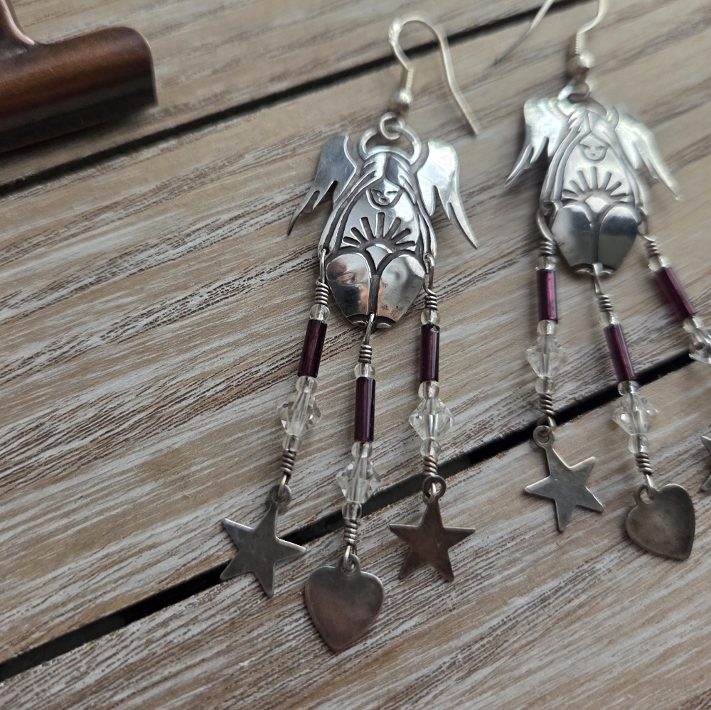 SterlingSilver & Burgundy VTG Angel Dangle Earrings Whimical Goth Southwestern - Picture 3 of 7